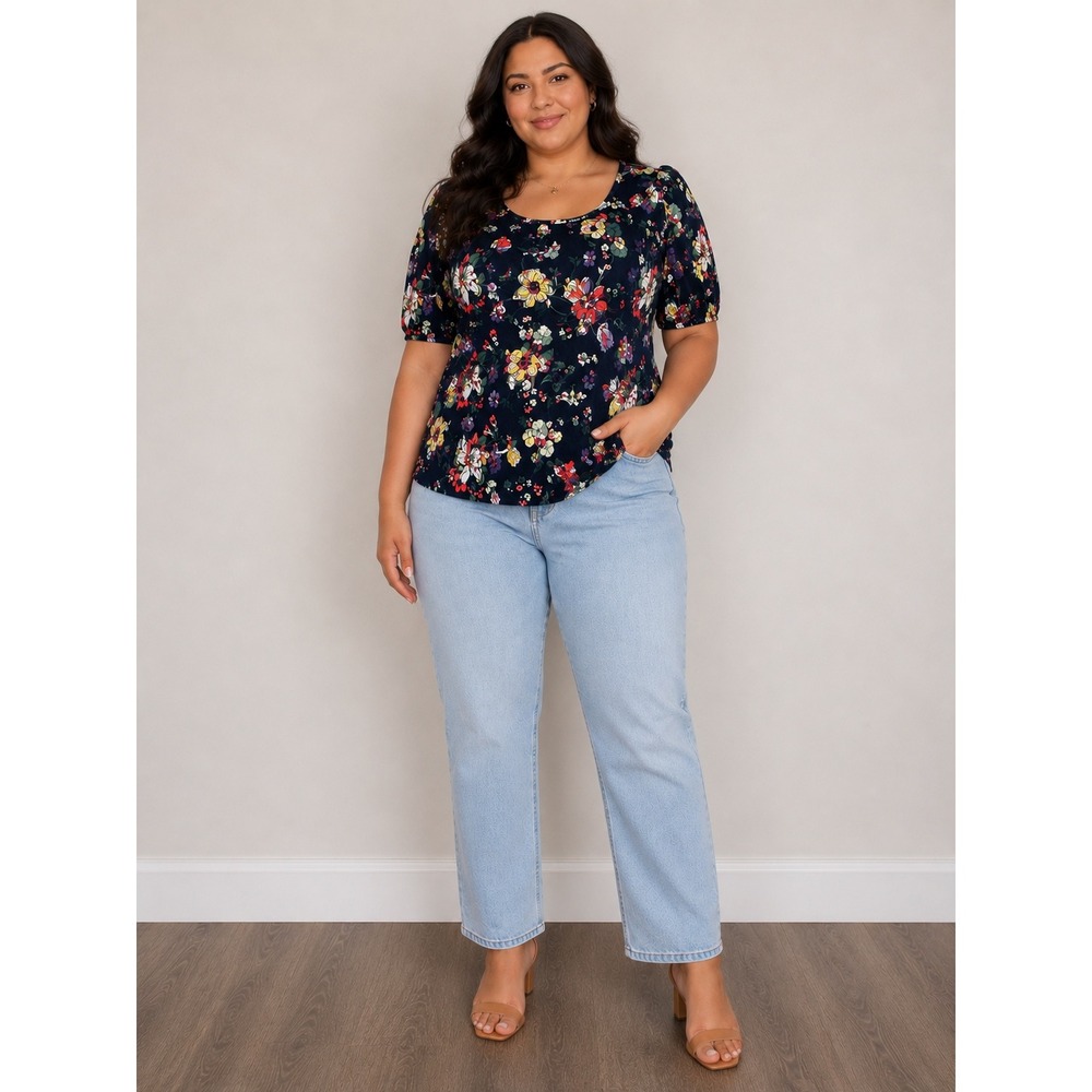 Liz Claiborne XL Floral Puff Sleeve Top Navy Cottagecore 100% Cotton